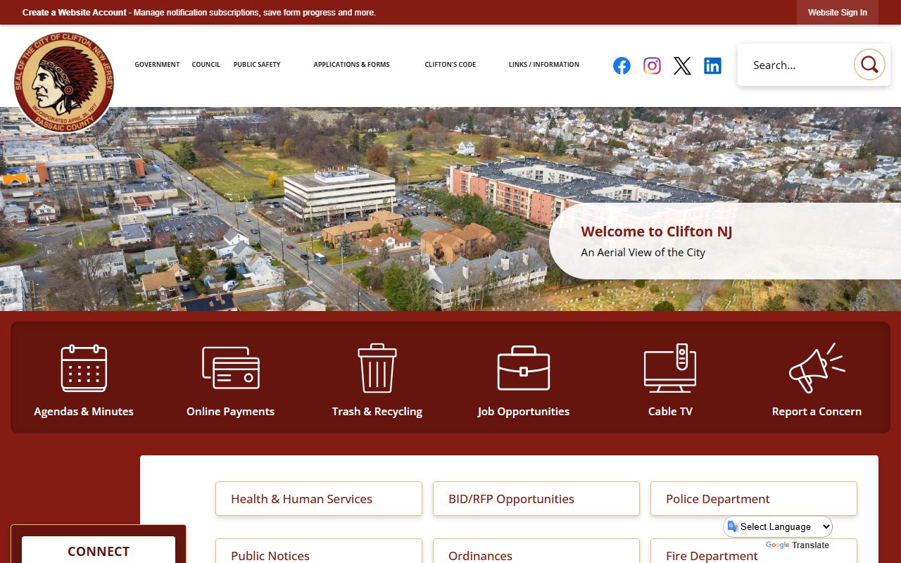 City of Clifton homepage for court records and public services