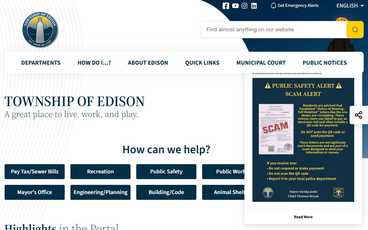 Edison Township homepage for court records access