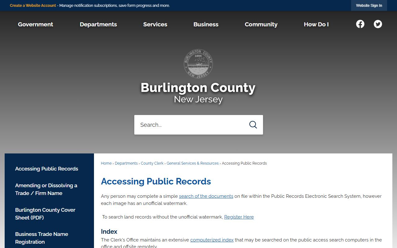 Burlington County public records access page for court records