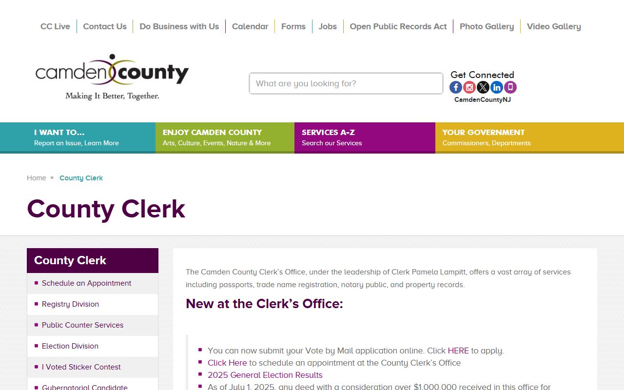Camden County Clerk homepage for Cherry Hill court records