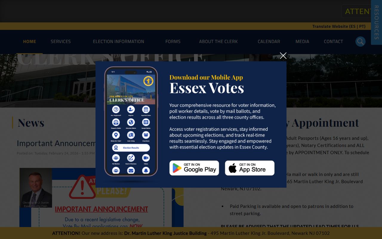 Essex County Clerk homepage for court records