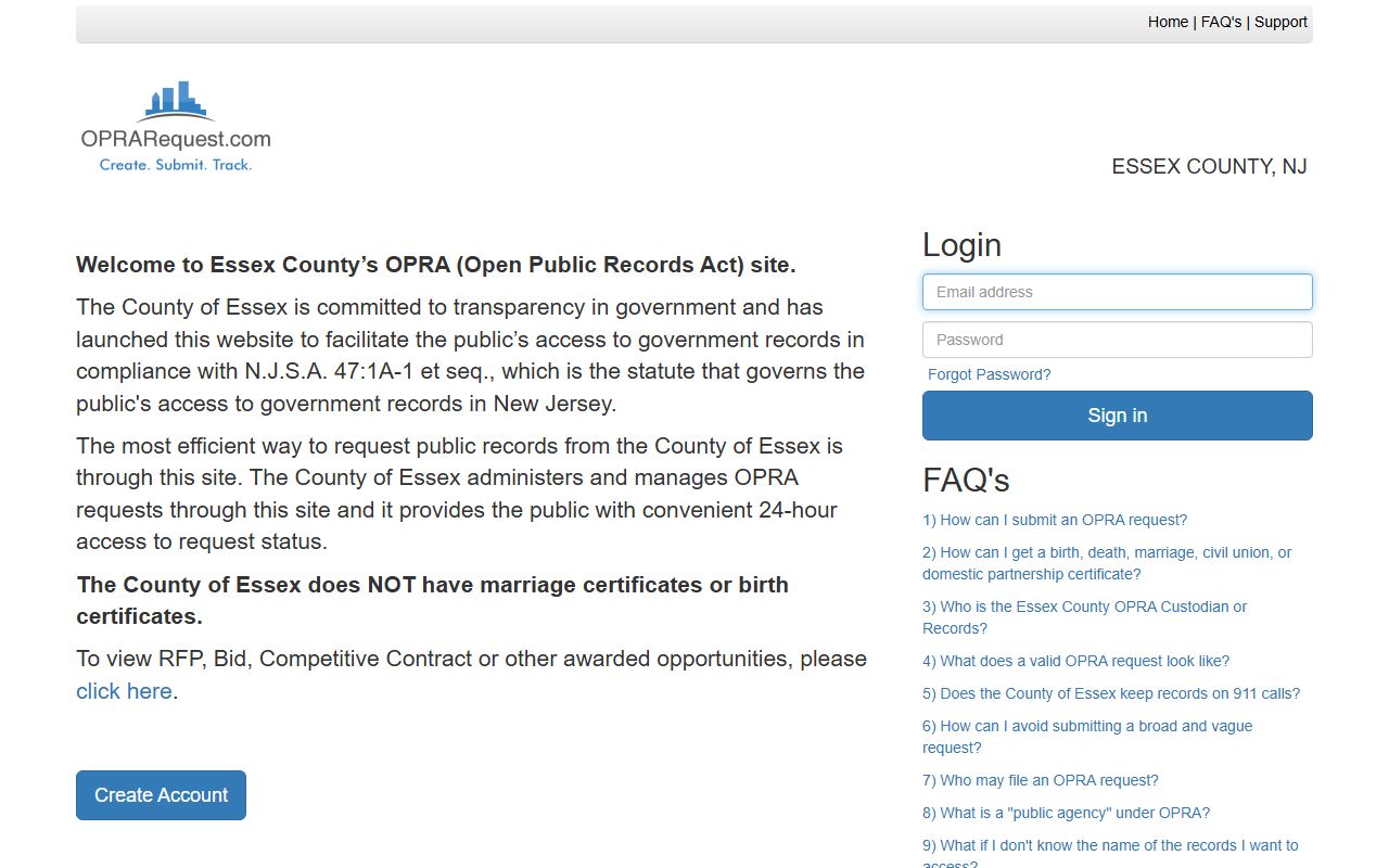 Essex County OPRA portal for court records requests