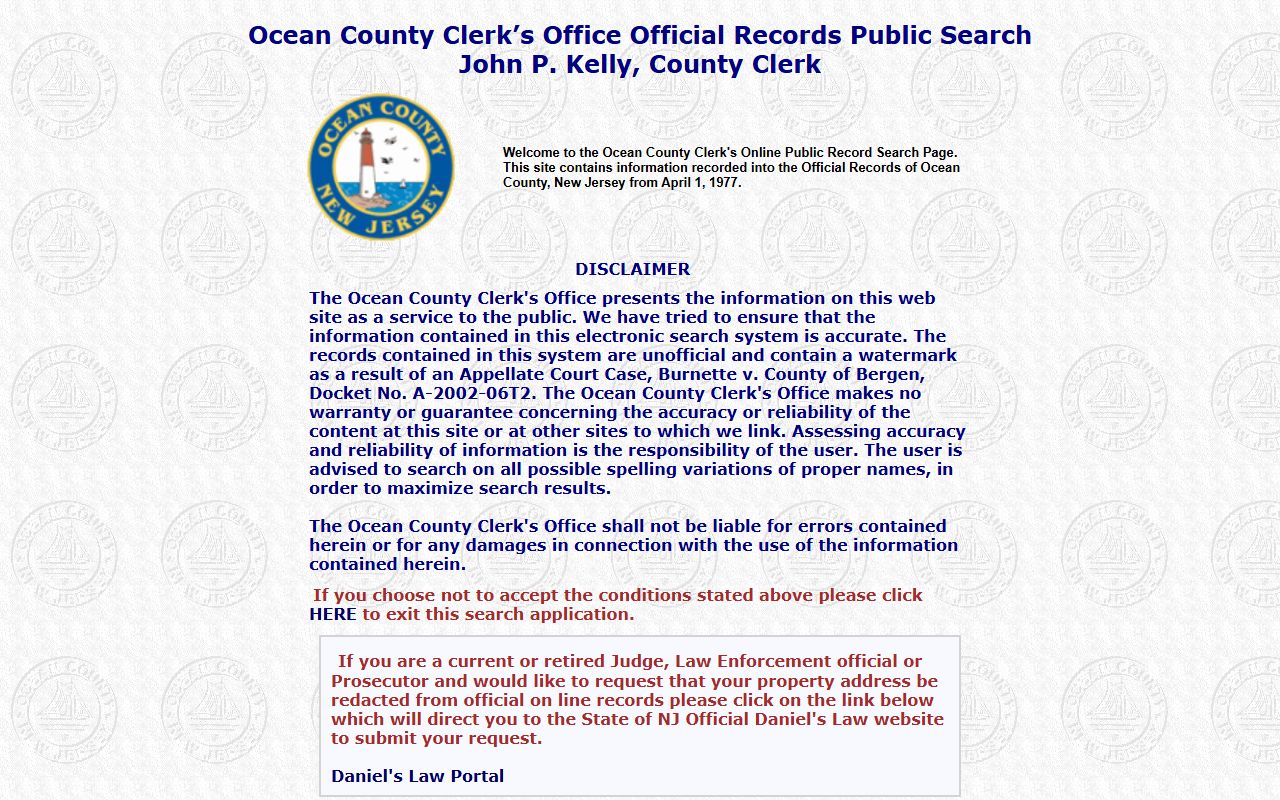 Ocean County property records search tool for court records