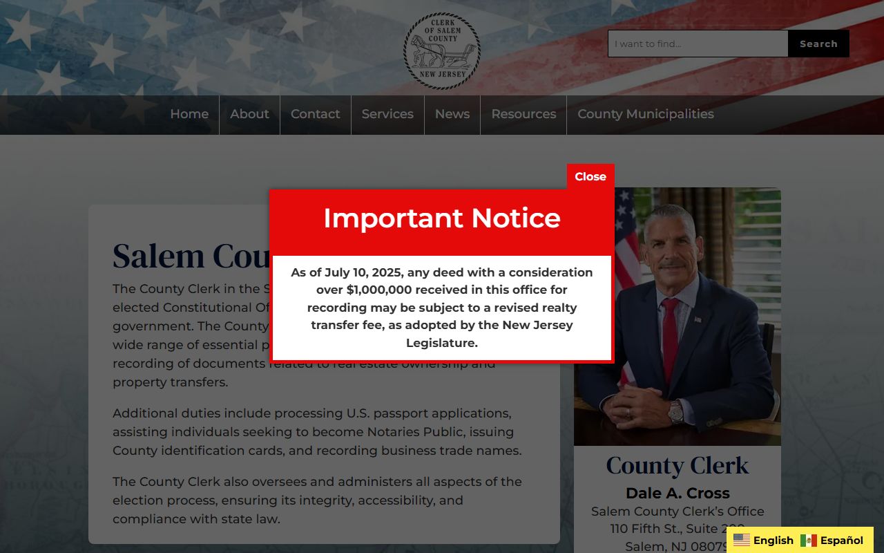 Salem County Clerk homepage for court records access