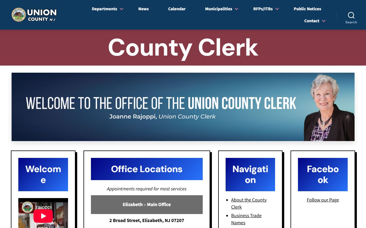Union County Clerk homepage for Elizabeth court records