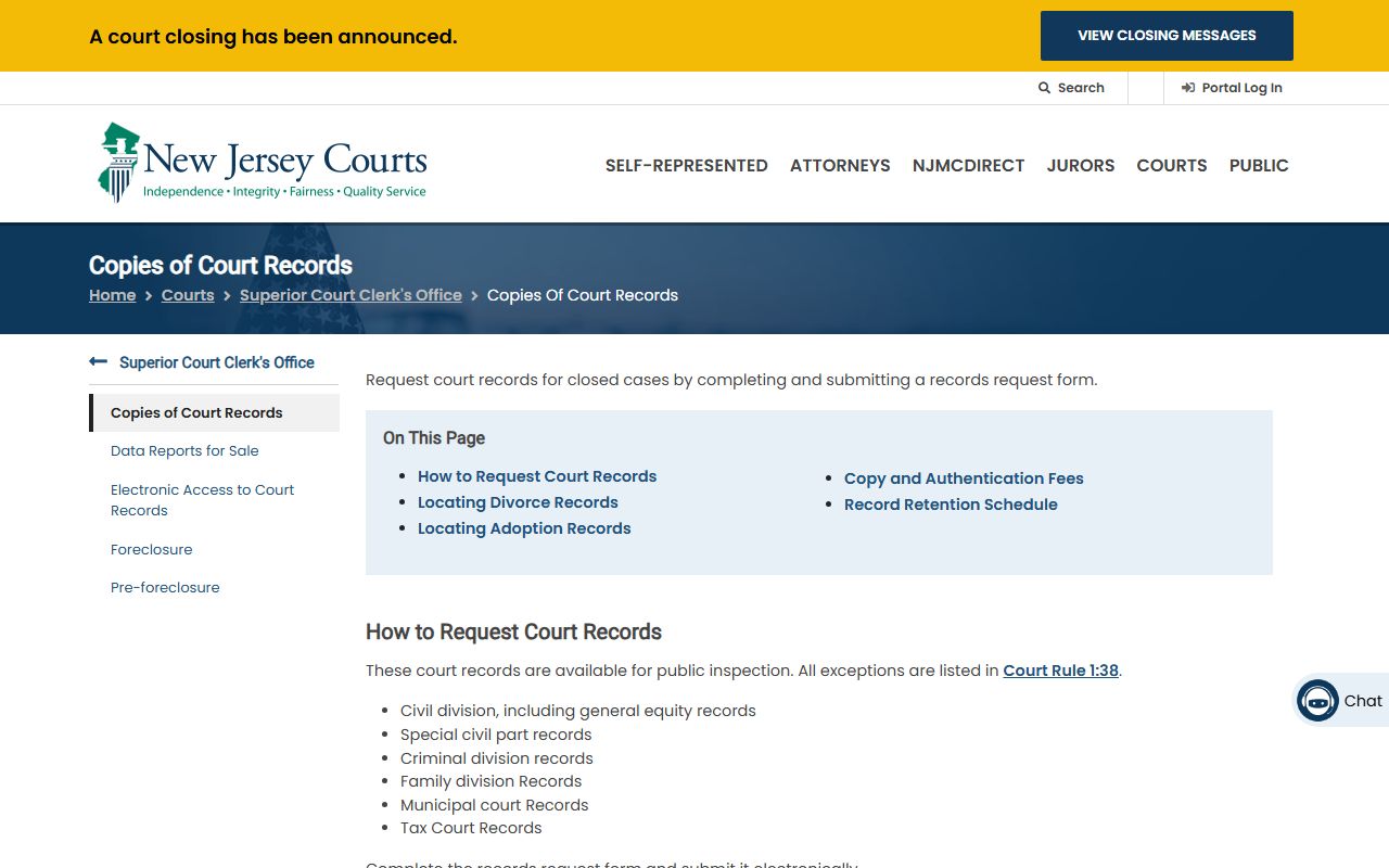 Records request form for obtaining New Jersey court records